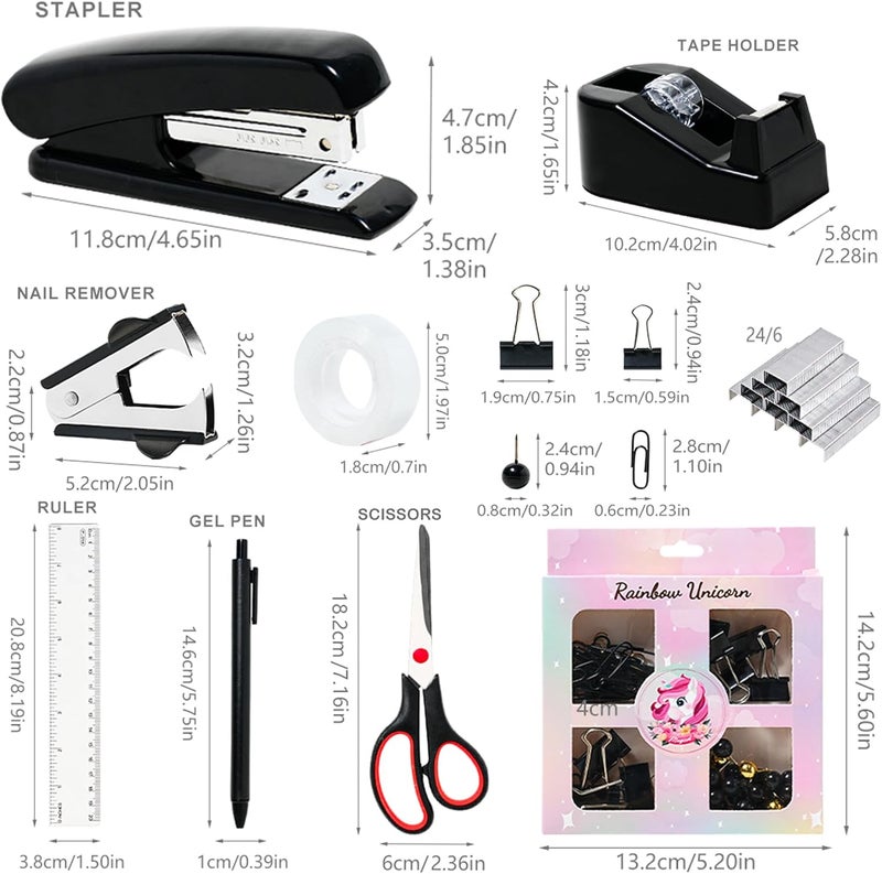 COMFYROOM Black Desk Accessories with Pen Holder, Office Supplies Desk Organizers and Accessories, Tape Dispenser, Stapler, Staple Remover, Staples, Clips Set, Ruler, Scissor, Pen, Tape (Black) - Image 4